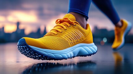 Golden Hour Run: A close-up shot of a runner's vibrant yellow running shoe reflecting the city lights at sunset. The image emphasizes motion and urban athleticism.